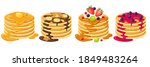 Cartoon pancakes. Stacks of tasty pancakes with maple syrup, butter, chocolate syrup, fruits and jam. Delicious breakfast food vector illustrations. American brunch with berries and nuts