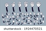Cartoon hands. Comic arms with four and five fingers in white gloves with various gestures, cartoon character body parts. Isolated vector set. Gesture hand finger count, thumb gesturing illustration