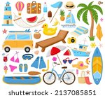 Cartoon beach, summertime symbols, cocktail, coconut, umbrella and slippers. Exotic fruits, boat and beacon vector illustration set. Snorkelling and diving elements. Beach summer cocktail
