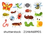 Cartoon insects. Happy bugs, cute little beetle and smiled caterpillar. Wildlife insect vector Illustration set of fly and bug, insect character. Fly and bug, insect of character wildlife