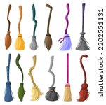 Witch brooms. Magic halloween broomstick, wizard broom and old wooden clean tool for housework cartoon vector set of magic broom illustration