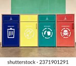 Trash cans with sorted garbage icons.Sorting garbage for ecology and recycle concept.