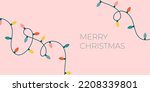 Christmas lights banner on a pink background. Flat modern cute bulbs on a string. Perfect for New Year letter, invitation, flyer template.