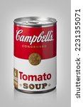 Small photo of Dusseldorf, NRW, Germany, November 27, 2022 - Campbell's condensed tomato soup can. The Campbell Soup Company, is an American producer of canned soups. Andy Warhol used Campbell's soup cans in pop ar