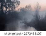 Early morning fog rises from the river and blends with the early morning light