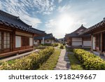 Architecture traditional oriental wooden house with blue sky on sunny day at Ojuk Hanok Village, Gangwon-do, South Korea