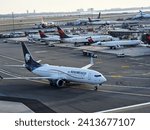 Small photo of New York - USA - January 10 2024: Boeing 737 Max of AeroMexico and Delta planes on tarmac at John F Kennedy International Airport in New York