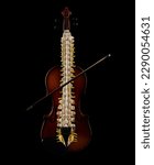 Small photo of Spine health concept, art visualization of osteopathic therapy. Backbone superimposed on violin silhouette over black background