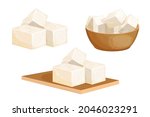 set tofu pieces in wooden bowl  ... | Shutterstock .eps vector #2046023291