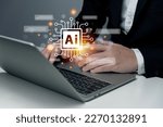 Small photo of Businessman using laptop chat with AI tech concept, connecting smart robot AI, enter command prompt for generate idea, prompt engineering, futuristic technology transformation, solve problem, SEO.