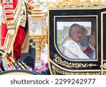 Small photo of London, UK. 5th May 2023. King Charles III and Camilla, Queen Consort travelling in the Diamond Jubilee Coach built in 2012 to commemorate the 60th anniversary of the reign of Queen Elizabeth II.