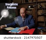 Small photo of Conceptual photo about Stochastic Process . Closeup portrait of unrecognizable successful businessman wearing formal suit reading documents