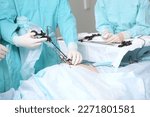 Small photo of Modern abdominal surgery. Laparoscopy in surgery. Surgical intervention through small holes. Surgical team. Laparoscopic instruments. Hands in protective gloves.