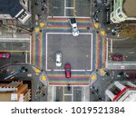 Rainbow crosswalk in Castro District in San Francisco in California USA. Horizontal aerial photo.