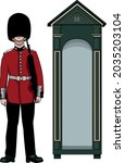 British Royal Guardsman at Buckingham Palace in London in a box on a white background