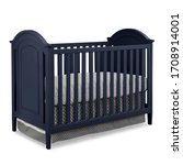 Small photo of Classic Blue Convertible Crib of Solid Pine Wood Isolated on White Background. Luxurious Bed with Removable Guard Rails and Hypo-allergenic Mattress Front & Side View. Contemporary Wooden Baby Cradle