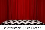 3D render of red curtain and black and white floor