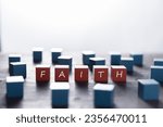 Small photo of Faith symbol. Turned wooden cube with words Faith. Beautiful white background. Business and Faith concept. Copy space
