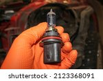 Small photo of A halogen light bulb in a man's hand. A professional worker changes the new halogen lamps of the car. Car repair. A mechanic in rubber gloves holds a halogen lamp in his hand in close-up.