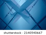 Small photo of Close-up photo of girders and roof windows. Abstract architecture of modern building. Industrial or business real estate. Geometric structure of angular elements and parallel lines. Hi-tech pattern.