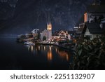 Hallstatt view at the evening. Nice image of famous austrian village surrounded by mountains and reflecions in the lake.
