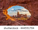 Turret arch through the North Window at Arches National Park in Utah