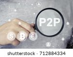 Peer-to-peer (P2P). Magnifying lens over background with text P2P, with the financial data business.