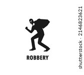 Masked robber carrying bag of stolen items simple black vector silhouette illustration.