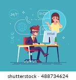 happy male helpline operator... | Shutterstock .eps vector #488734624