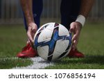 Small photo of BANGKOK THAILAND-MAR28 :Football player man holding ball during Thai League 2018 bet ween Port Fc and Air Force Central FC at PAT Stadium on March 28,2018 in Bangkok Thailand
