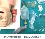 Medical equipment for airway management : model, nasopharyngeal airway, oral airway, mask with bag and endotracheal tube on table