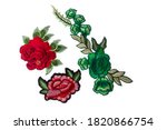 Small photo of Set of rose patches isolated on white background. Beautiful floral appliques to hide flaws or to refresh old clothing.
