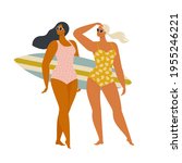 two happy surfer girls walking... | Shutterstock .eps vector #1955246221