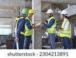 Small photo of engineer project manager measuring a pillar with tape measure,engineers team working in the building under construction site,inspecting the structural standards of new building construction.