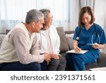 Small photo of asian senior couple talking with a home visiting nurse,young female nurse measuring the mercury and taking notes,concept of elderly people lifestyle,homecare,home health nursing
