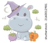 cartoon witch hippo with... | Shutterstock .eps vector #2160012981