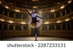 Small photo of of Ballerina in Pointe Shoes and White Tutu Dancing and Rehearsing on Classic Theatre Stage with Dramatic Lighting. Graceful Classical Ballet Female Dancer Performing a Choreography