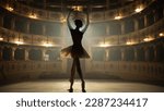 Small photo of Silhouette of Ballerina in Pointe Shoes and White Tutu Dancing Gracefully on Classic Theatre Stage with Beautiful Ceiling. Female Classical Ballet Dancer Rehearsing her Choreography for the Show
