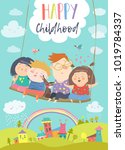 happy kids flying on a swing | Shutterstock .eps vector #1019784337