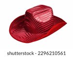 Small photo of Red cowboy hat on a white background. Red cowboy masquerade hat with sequins.