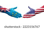Small photo of Handshake between Tuvalu and USA flags painted on hands, isolated transparent image.