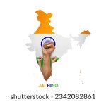 Small photo of India map with India flag and fist hands to show the power of India, Independence Day, republic day of India, INDIAN.