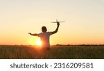 Small photo of boy teenager child kid runs through field with wheat with toy plane his hands sunset, happy dream family, child wants become pilot pilot astronaut, holding airplane his hands, pilot flight astronaut