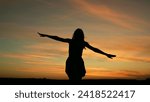 Small photo of sunset wants become astronaut pilot game, flying airplane, teenager dreams flying, girl wants become, girl, playing with toy airplane, flying becoming pilot, with toy airplane field, children play