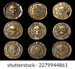 Pack of 9 pirates gold coins medals treasure isolated on black background
