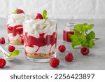 Raspberry trifle with whipped cream, berry sauce, cookie crumbs and mint leaves in a glass on a gray concrete background. Summer diet dessert