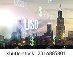 Virtual USD symbols illustration on Chicago skyline background. Trading and currency concept. Multiexposure