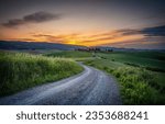 Small photo of Grassland road at dawn. The road across the plain at dawn. Beautiful sunrise over grassland road. Road in grassland at dawn