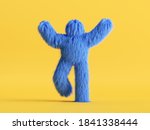 3d render, shaggy cartoon character, furry scary halloween monster, hairy beast walking. Unknown blue funny toy isolated on yellow background
