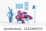 3d rendering, relaxed furry cartoon character monster sits in armchair inside the living room. Hairy beast inside the dollhouse interior